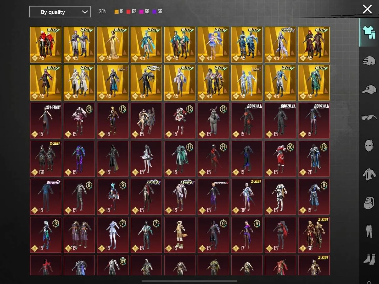 PGM236 18 GOLDEN SUITS, 40 KILLCHATS, PHARAOH LVL 5, 5-X SUITS, 8 SPORTS CARS, Top Mythic Skins & Upgraded Weapons (G)